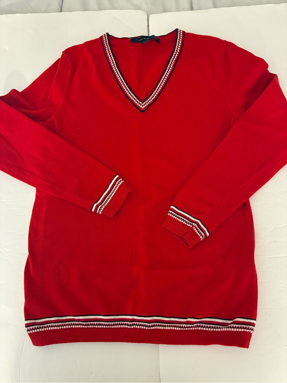 Tommy Hilfiger V Neck Sweater Women Red S Preppy Academia 90s Tennis Casual